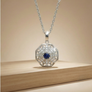 925 Sterling Silver Geometric Octagon Blue Stone Halo Pendant Necklace Jewellery for Women