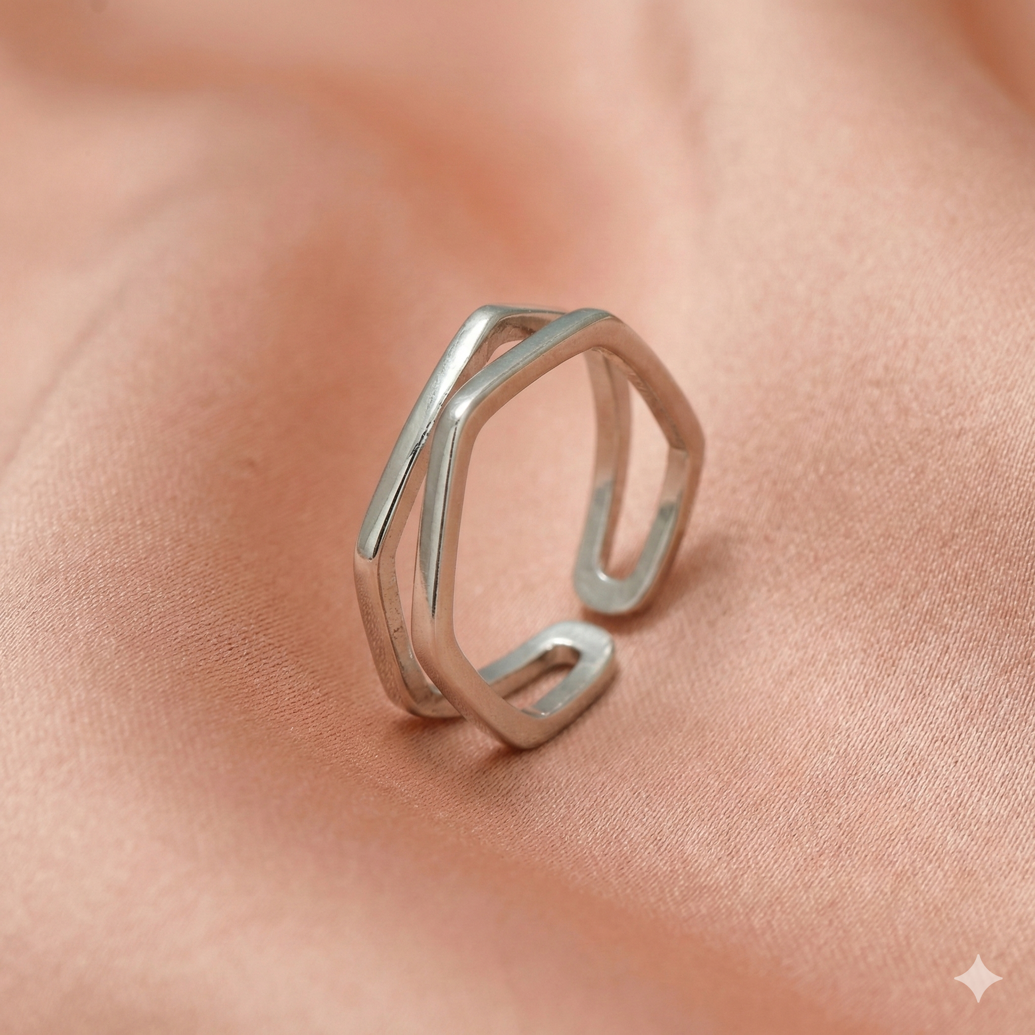 925 Sterling Silver Geometric Hexagon Open Ring High Polish Adjustable Minimalist Jewellery for Women