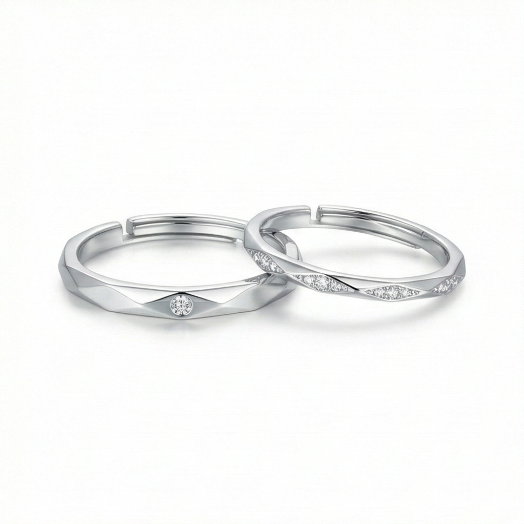 925 Sterling Silver Adjustable Geometric 2 Rings Set Rhodium Finish Jewellery