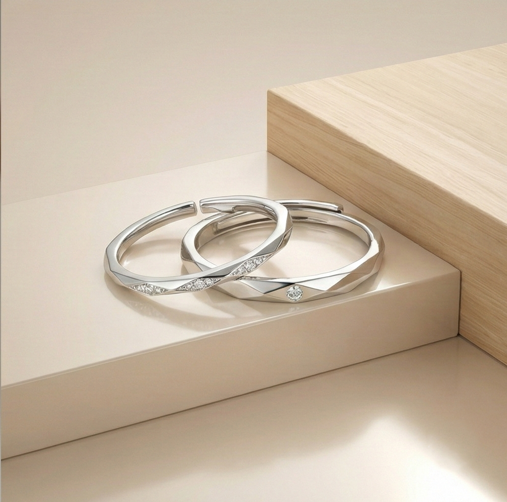 925 Sterling Silver Adjustable Geometric 2 Rings Set Rhodium Finish Jewellery