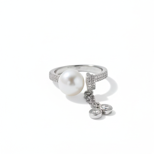 925 Sterling Silver Contemporary Pearl and Dangle Charm Ring High Polish Rhodium Jewellery for Women