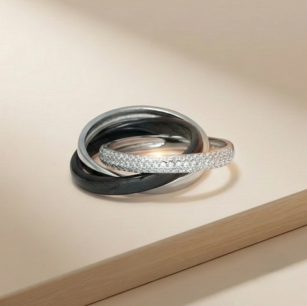925 Sterling Silver Triple Interlocking Rolling Ring Jewellery with High Polish and Black Matte Finish for Women