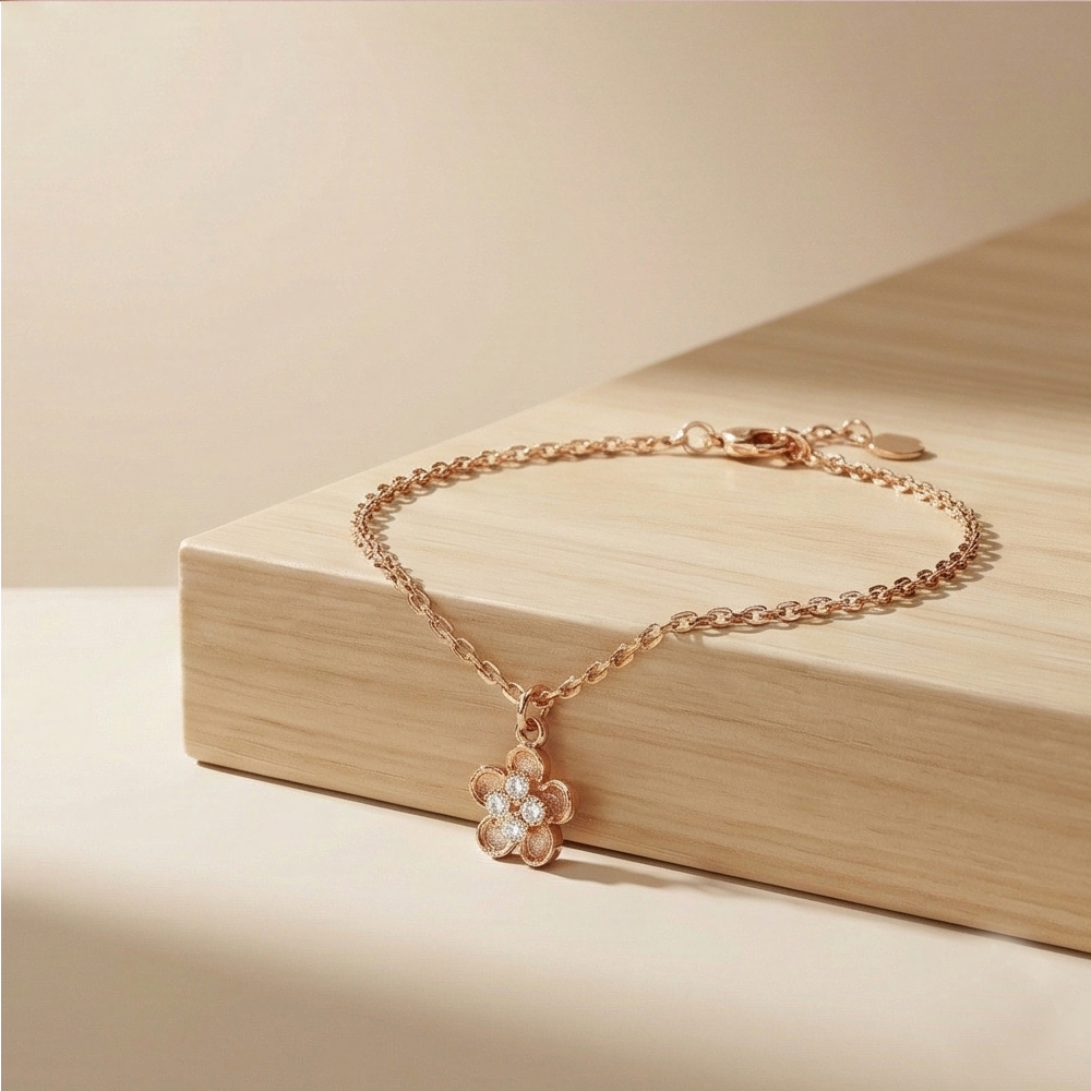 925 Sterling Silver Flower Charm Bracelet Jewellery Rose Gold Plated