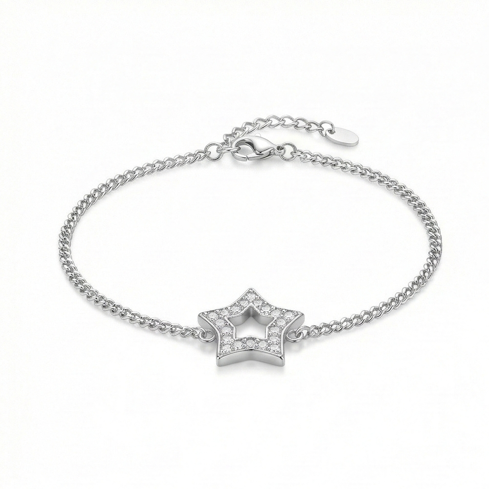 925 Sterling Silver Open Star Charm Bracelet Jewellery Rhodium Finish