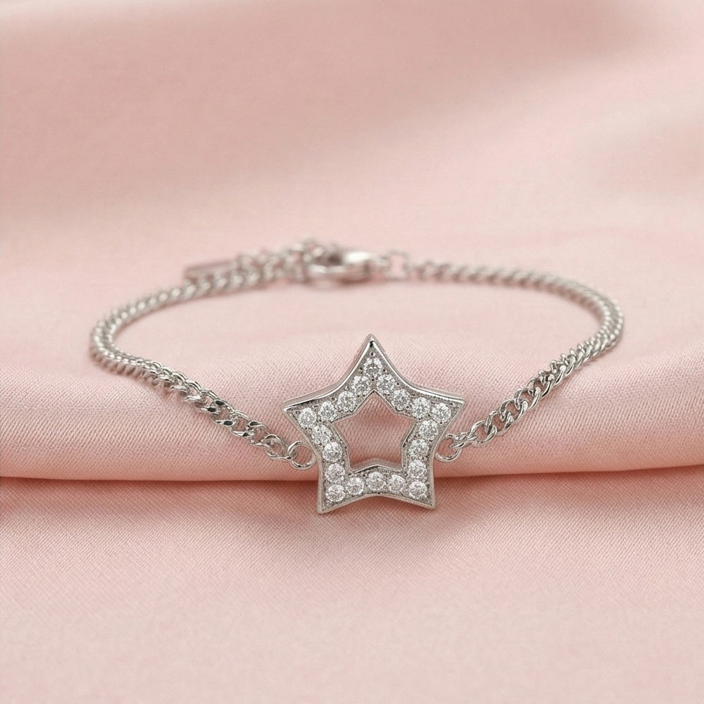 925 Sterling Silver Open Star Charm Bracelet Jewellery Rhodium Finish