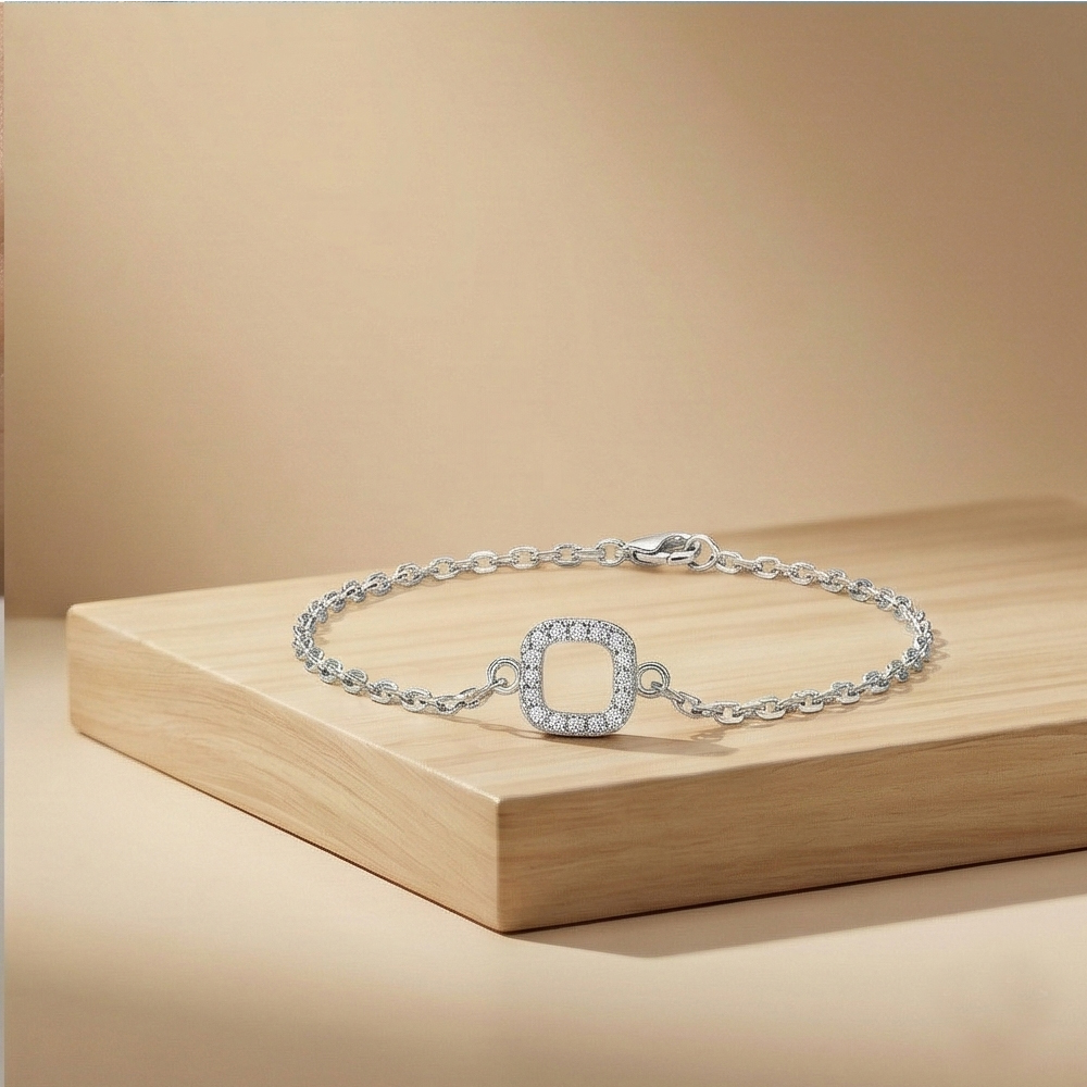 925 Sterling Silver Open Square Halo Bracelet Jewellery Rhodium Finish