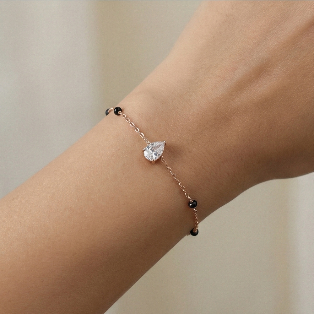 925 Sterling Silver Pear Solitaire Black Bead Bracelet Jewellery Rose Gold Plated