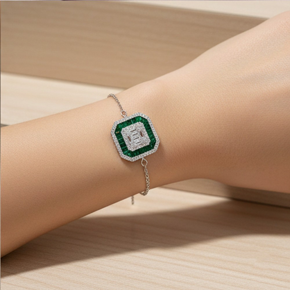 925 Sterling Silver Geometric Emerald Green Halo Bracelet Jewellery with Rhodium Finish