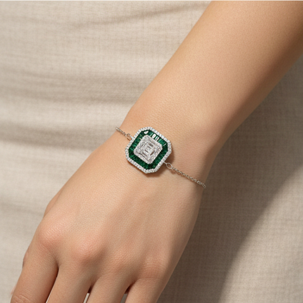 925 Sterling Silver Geometric Emerald Green Halo Bracelet Jewellery with Rhodium Finish