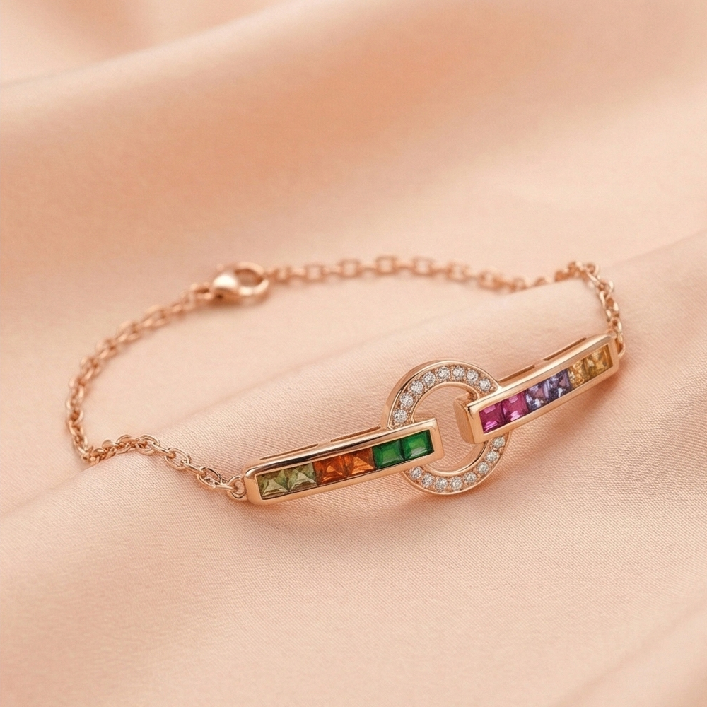 925 Sterling Silver Rose Gold Plated Multicolor Geometric Interlocking Bracelet Jewellery