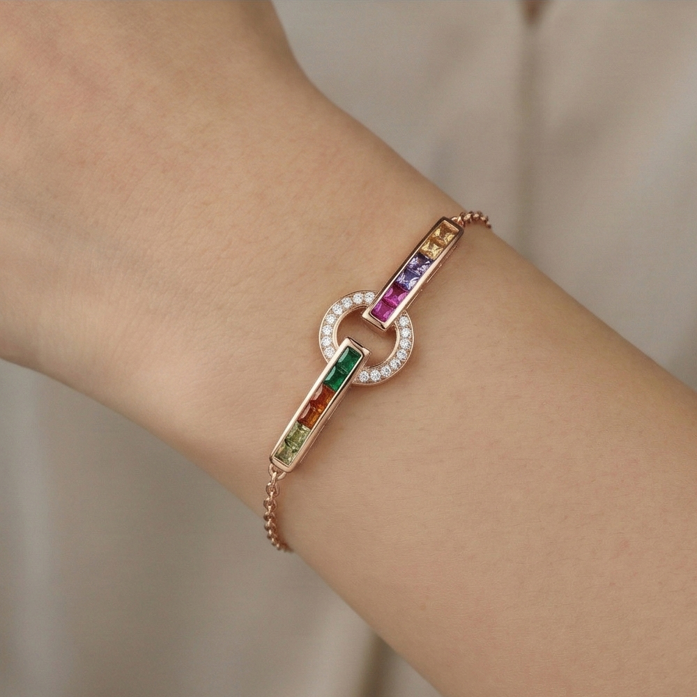 925 Sterling Silver Rose Gold Plated Multicolor Geometric Interlocking Bracelet Jewellery