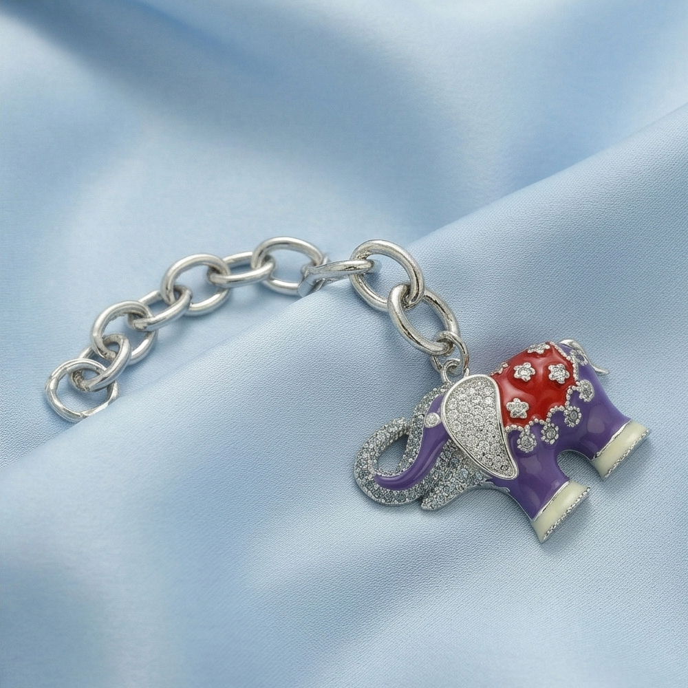 925 Sterling Silver Enamel Elephant Charm Chain Bracelet Jewellery for Women High Polish Finish