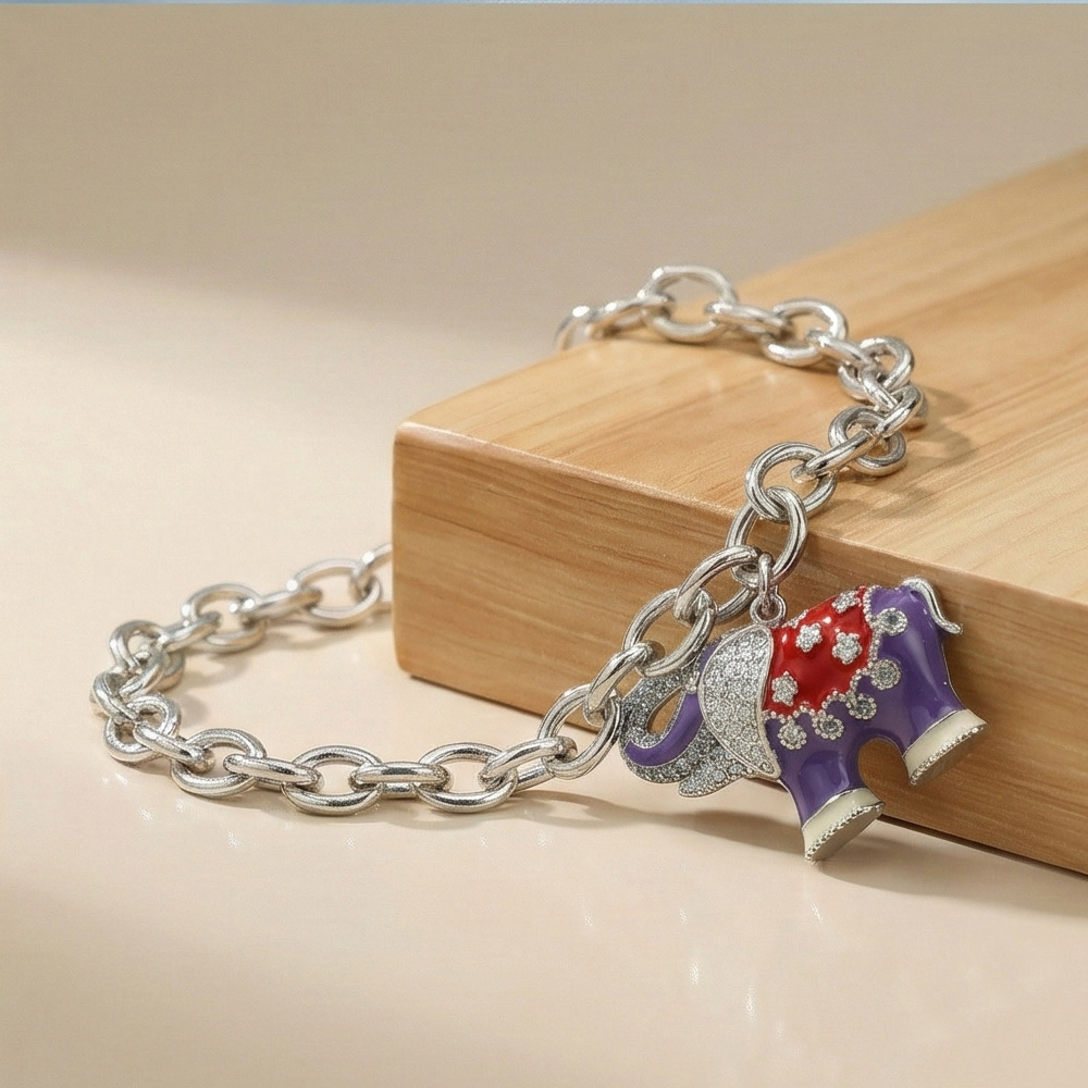 925 Sterling Silver Enamel Elephant Charm Chain Bracelet Jewellery for Women High Polish Finish