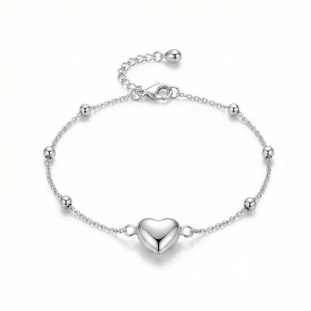 925 Sterling Silver Puffed Heart Charm Beaded Chain Bracelet Jewellery for Women