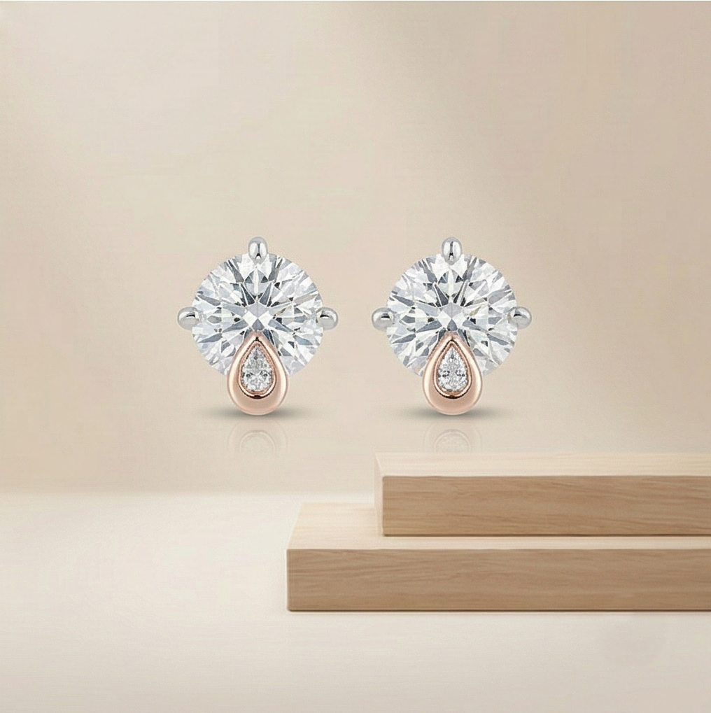 925 Sterling Silver Solitaire Stud Earrings with Rose Gold Drop Accent Jewellery