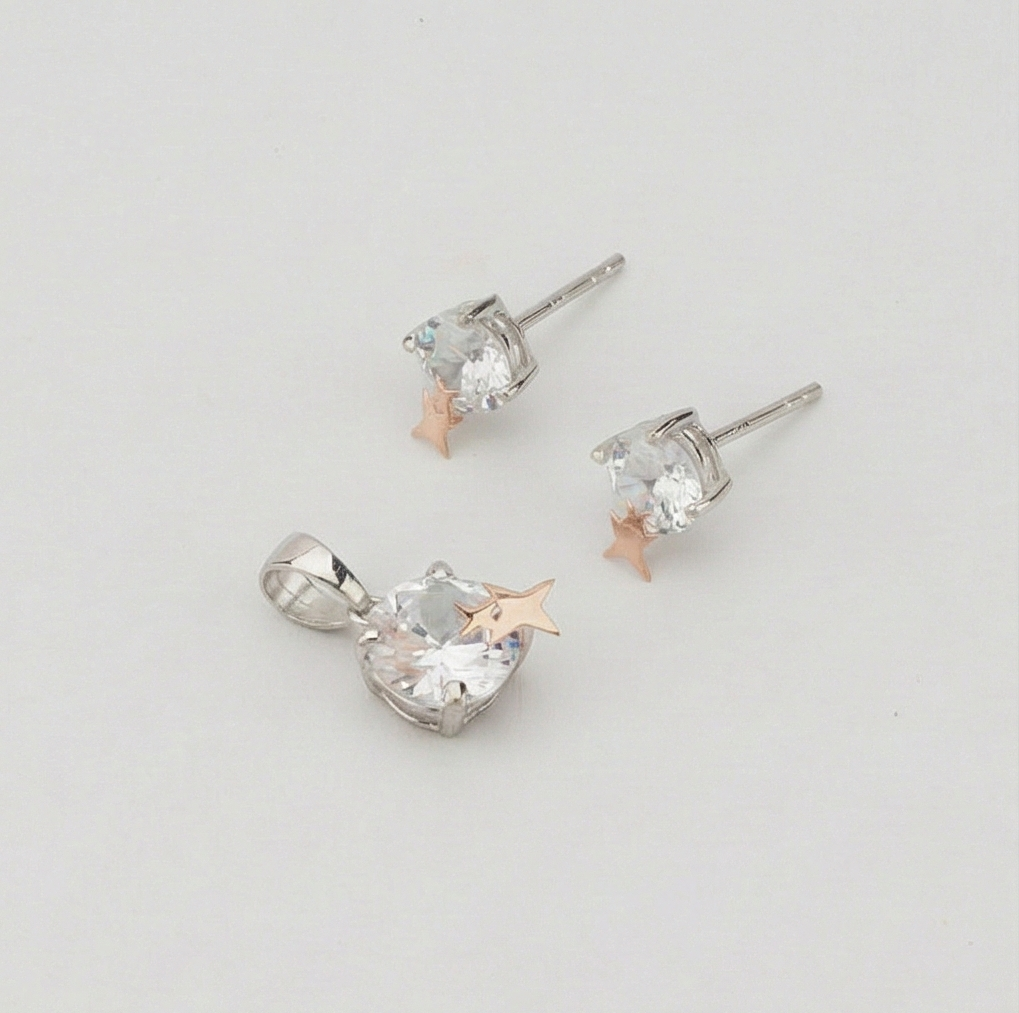 925 Sterling Silver Solitaire Pendant & Earrings Set with Rose Gold Star Jewellery for Women - Dual Tone Finish