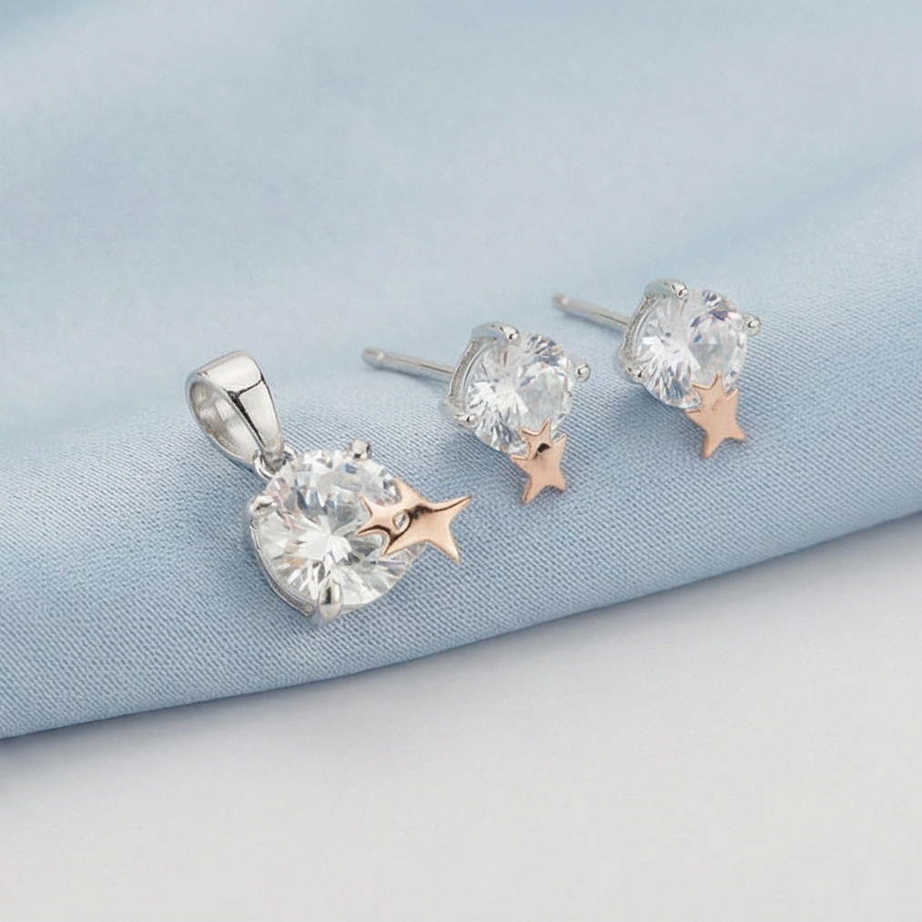 925 Sterling Silver Solitaire Pendant & Earrings Set with Rose Gold Star Jewellery for Women - Dual Tone Finish