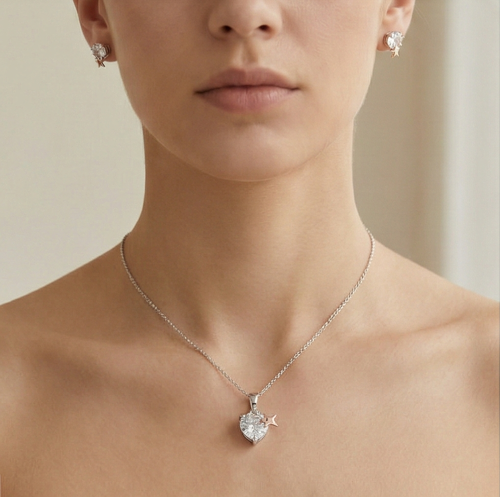 925 Sterling Silver Solitaire Pendant & Earrings Set with Rose Gold Star Jewellery for Women - Dual Tone Finish