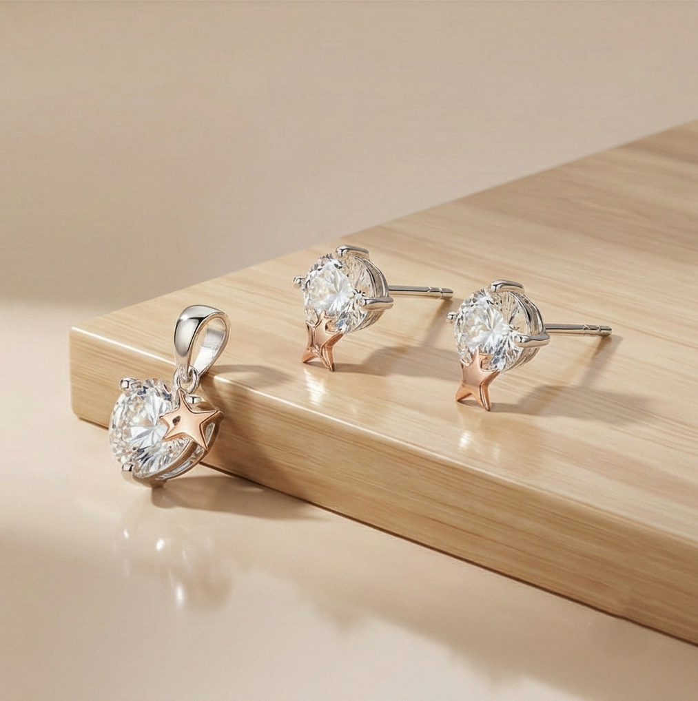 925 Sterling Silver Solitaire Pendant & Earrings Set with Rose Gold Star Jewellery for Women - Dual Tone Finish