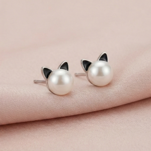 925 Sterling Silver Cute Cat Pearl Stud Earrings Jewellery for Girls