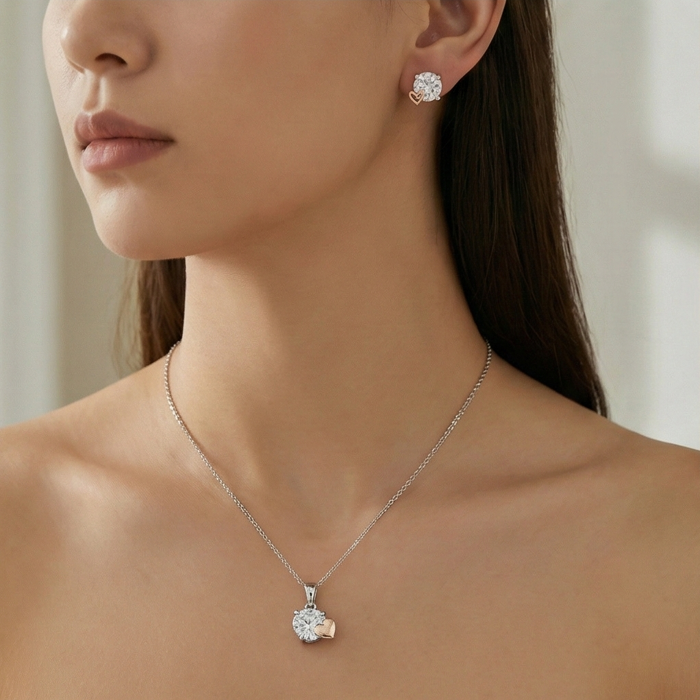 925 Sterling Silver Solitaire Heart Accent Pendant Set Two Tone Jewellery
