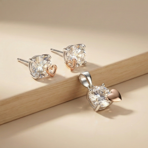 925 Sterling Silver Solitaire Heart Accent Pendant Set Two Tone Jewellery
