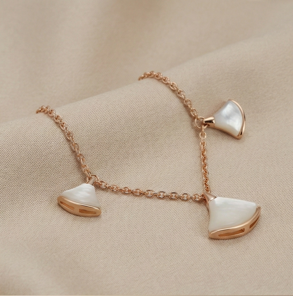 925 Sterling Silver Rose Gold Plated MOP Fan Shape Charm Bracelet for Women & Girls | Elegant Pearlescent Motif Chain Jewellery