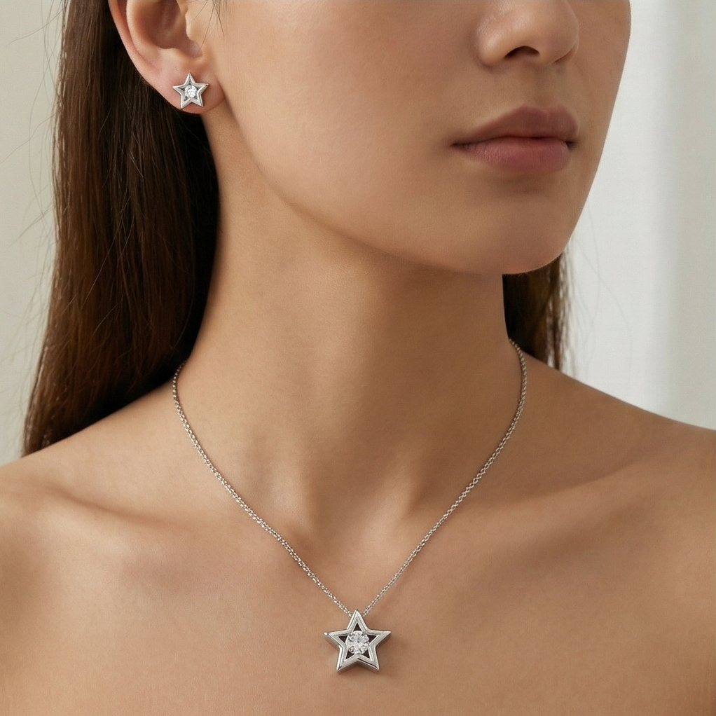 925 Sterling Silver Open Star Floating Stone Pendant Set High Polish Jewellery