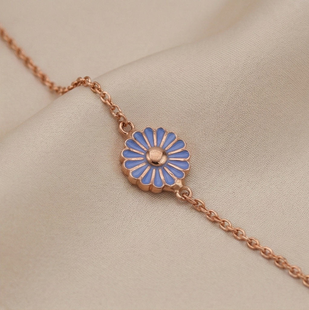 925 Sterling Silver Rose Gold Plated Blue Enamel Daisy Flower Bracelet | Floral Charm Jewellery for Women & Girls