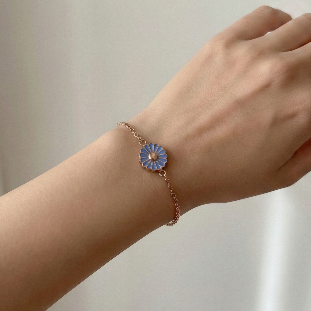 925 Sterling Silver Rose Gold Plated Blue Enamel Daisy Flower Bracelet | Floral Charm Jewellery for Women & Girls