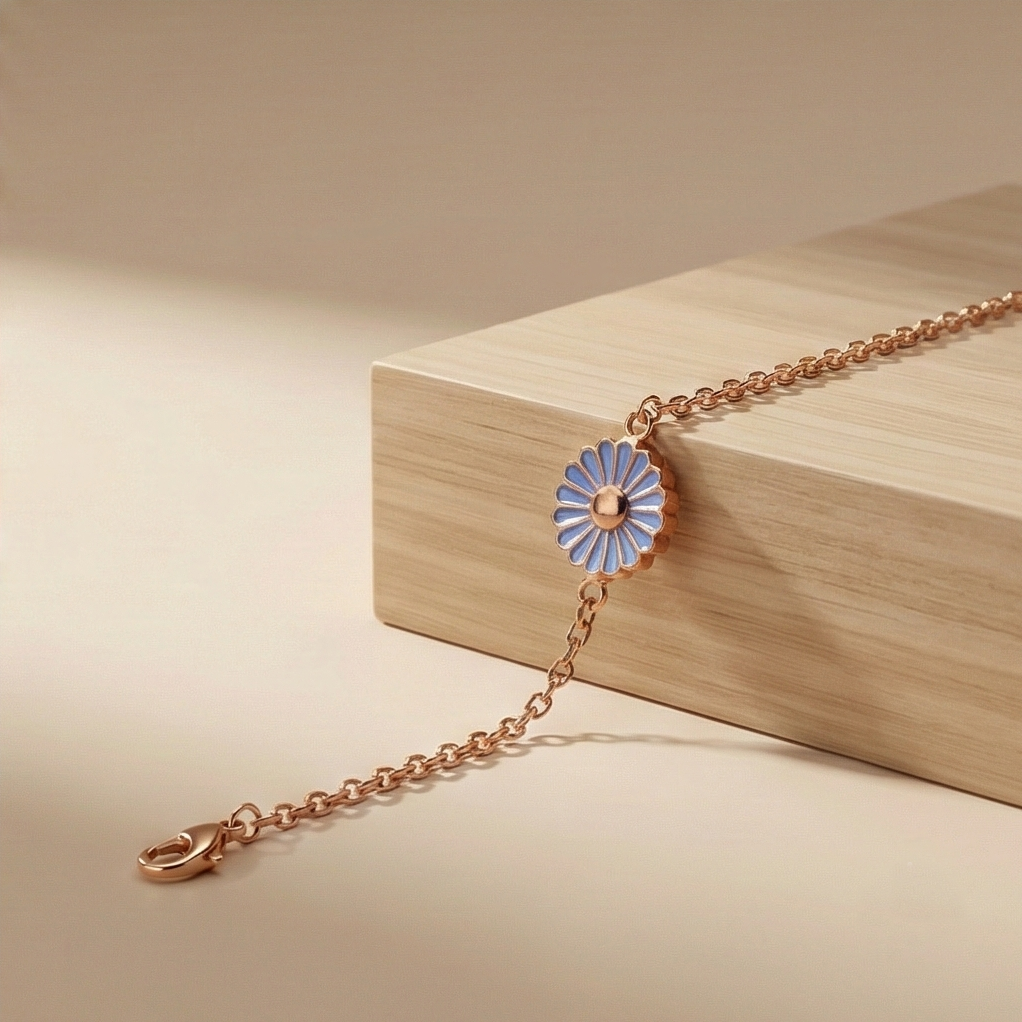 925 Sterling Silver Rose Gold Plated Blue Enamel Daisy Flower Bracelet | Floral Charm Jewellery for Women & Girls