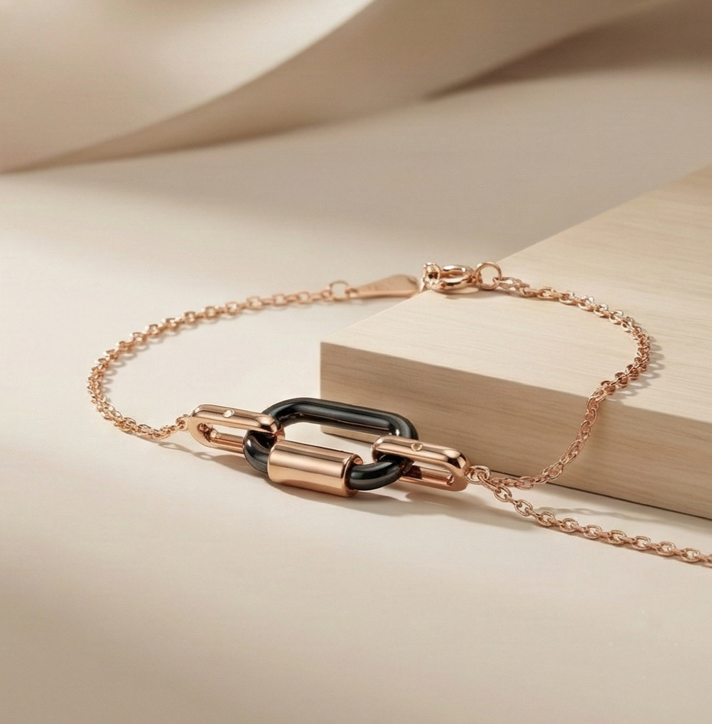 925 Sterling Silver Rose Gold Plated Interlocking Oval Link Bracelet for Women | Modern Geometric Chain Jewellery