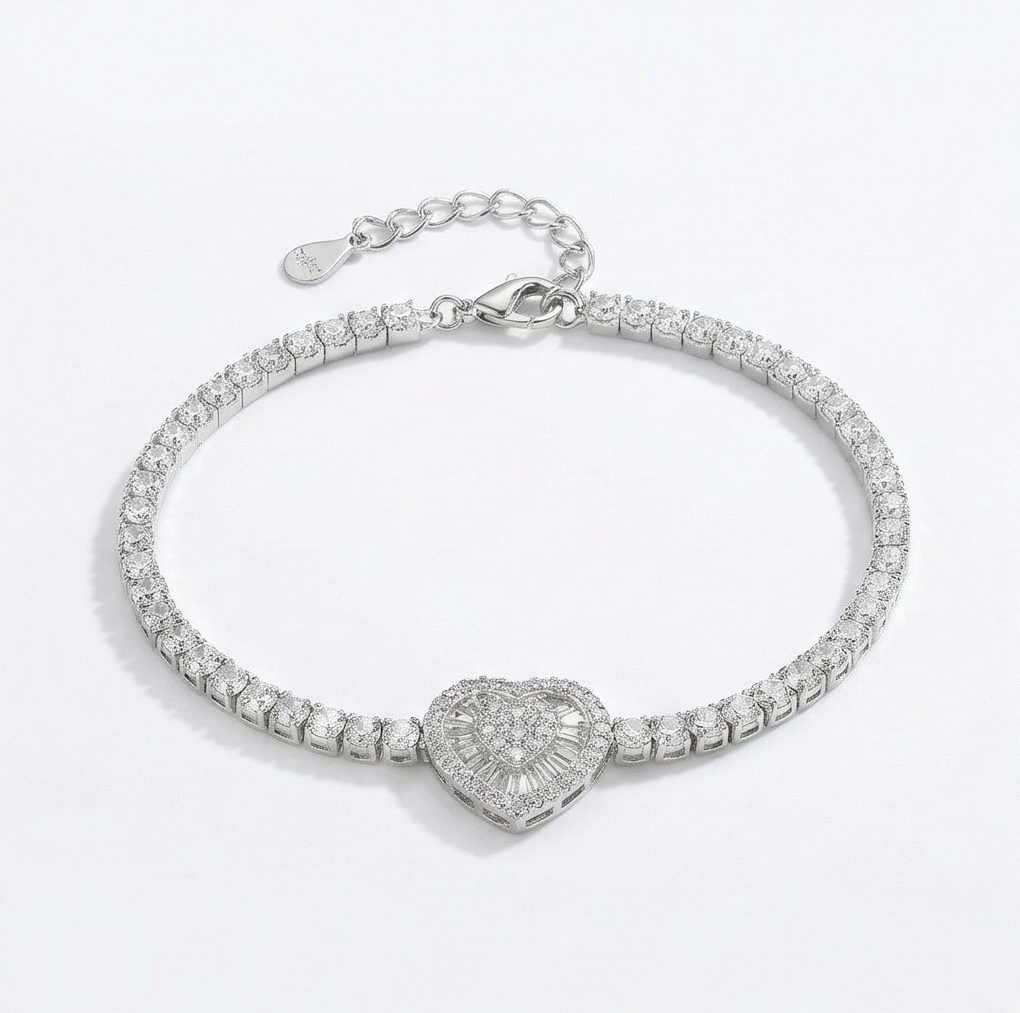 925 Sterling Silver Heart Cluster Adjustable Tennis Bracelet Jewellery for Women