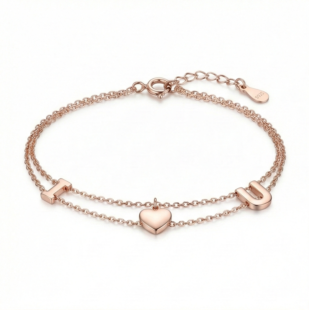 925 Sterling Silver Rose Gold Plated Double Layer Heart & Letter Charm Bracelet | Romantic Love Jewellery for Women