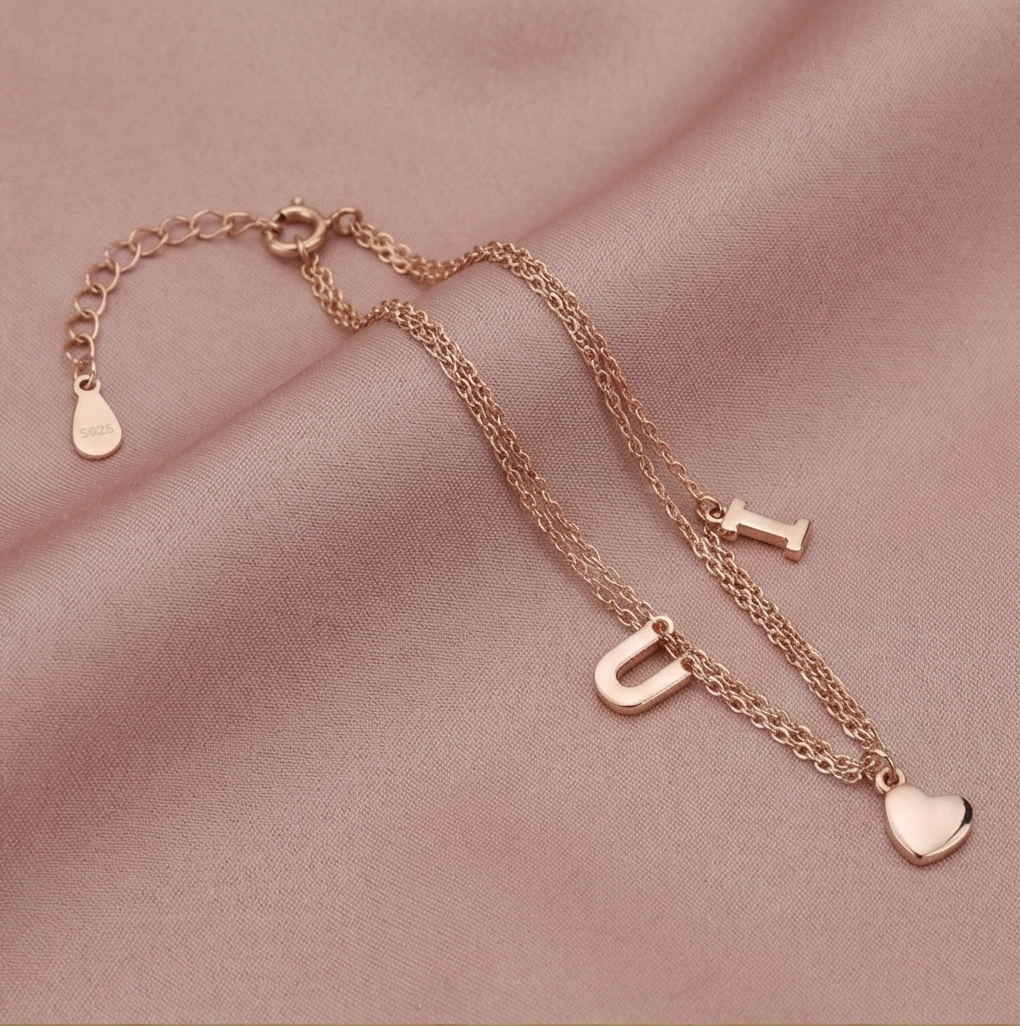 925 Sterling Silver Rose Gold Plated Double Layer Heart & Letter Charm Bracelet | Romantic Love Jewellery for Women