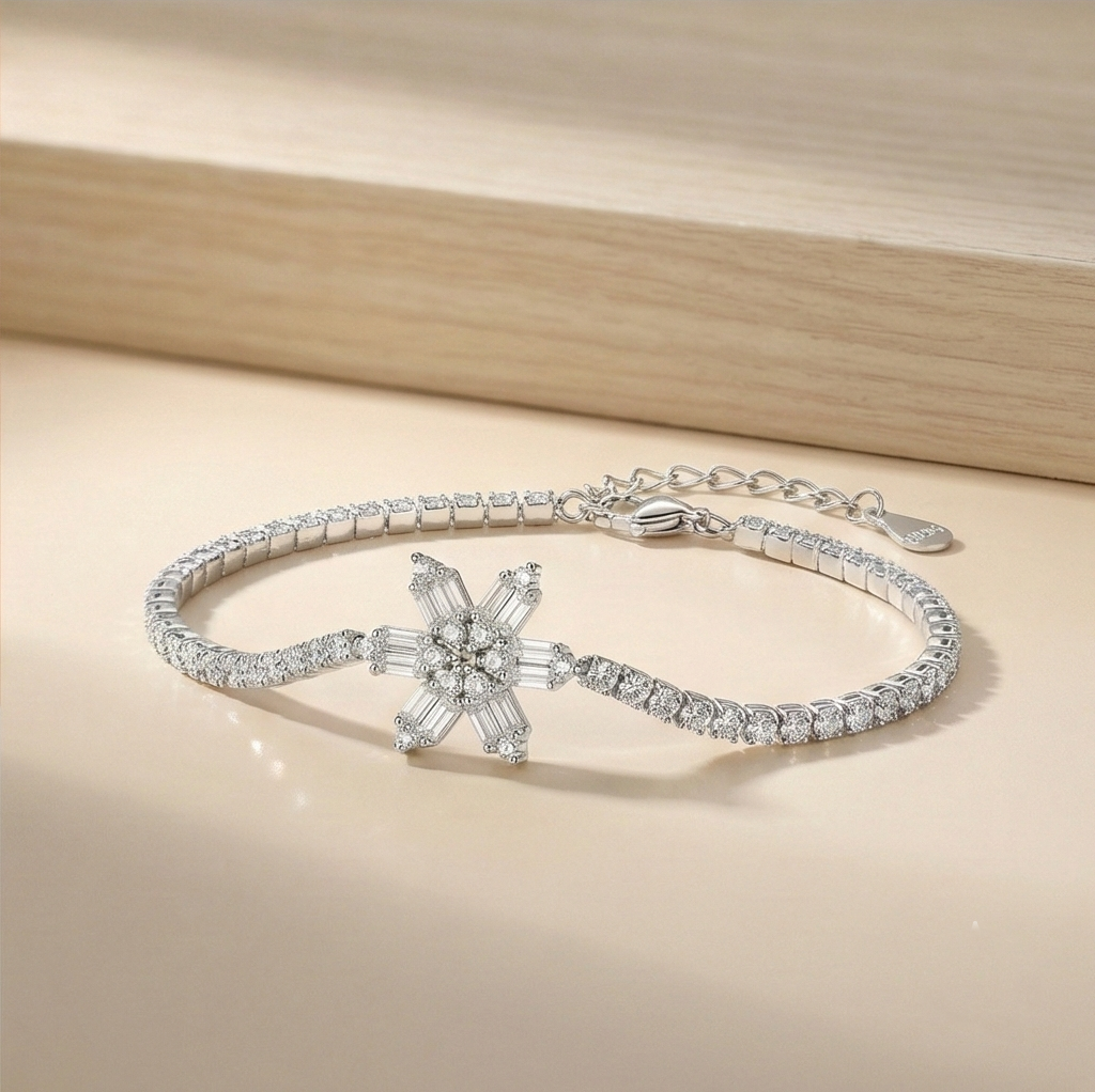 925 Sterling Silver Crystal Snowflake Tennis Bracelet for Women | Sparkling Starburst Statement Jewellery
