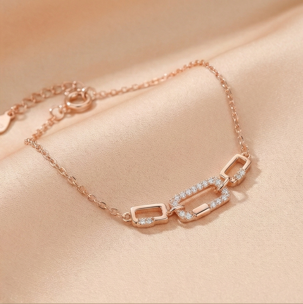 925 Sterling Silver Rose Gold Plated Geometric Paperclip Link Bracelet Jewellery for Women