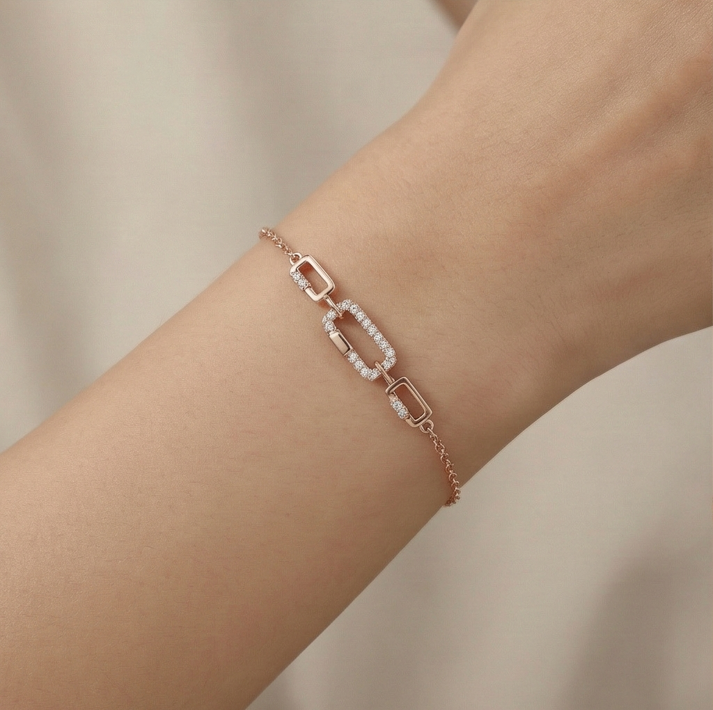 925 Sterling Silver Rose Gold Plated Geometric Paperclip Link Bracelet Jewellery for Women