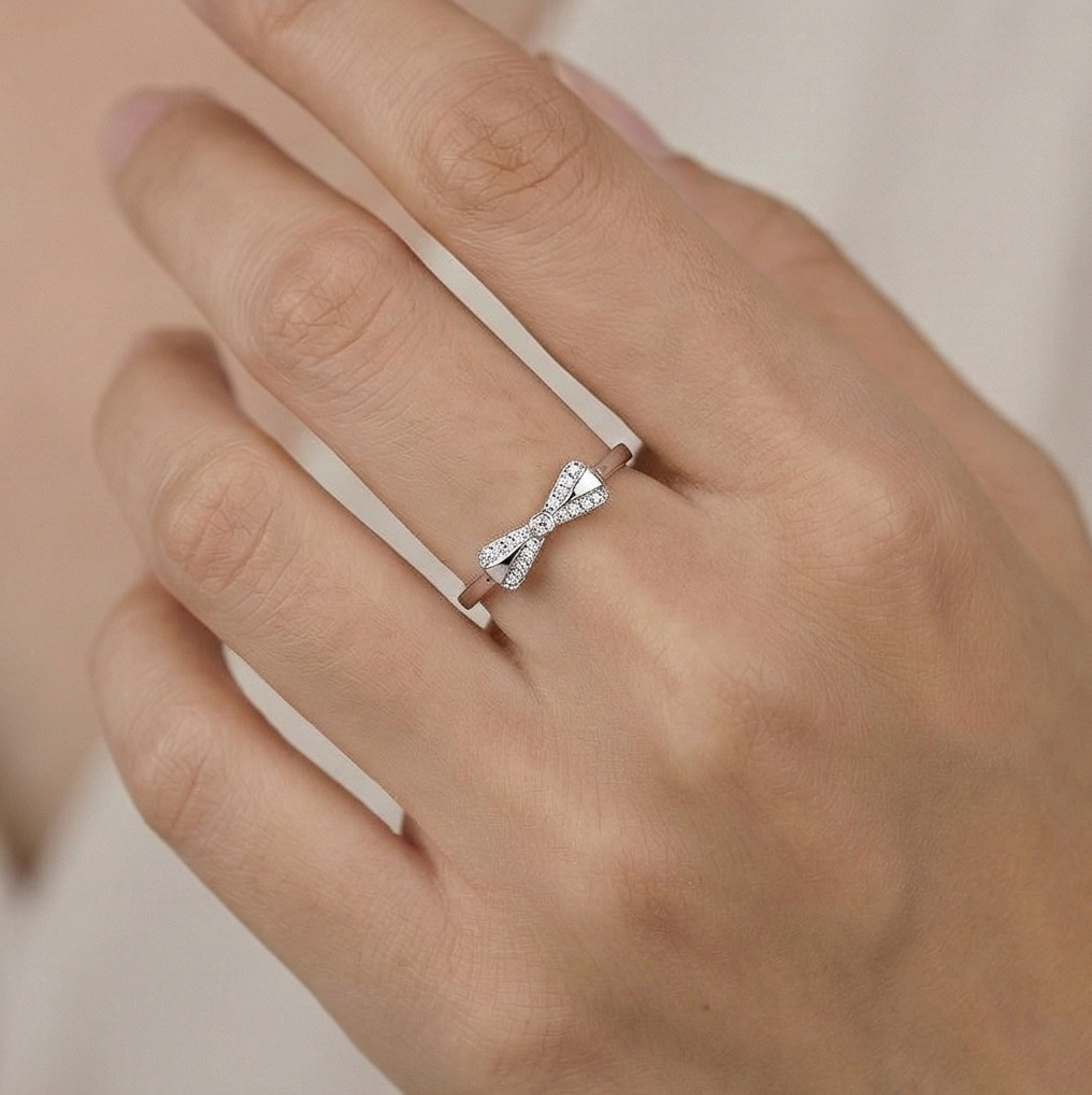 925 Sterling Silver Sparkling Bow Knot Adjustable Ring Jewellery for Women & Girls