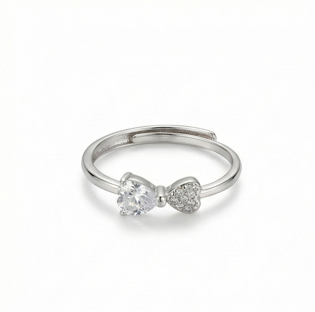 925 Sterling Silver Adjustable Bow Knot Heart Ring Jewellery for Women & Girls