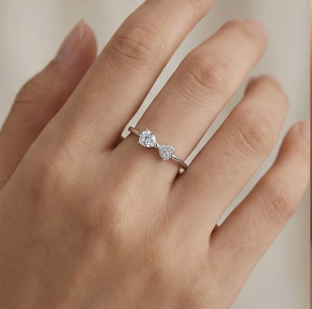 925 Sterling Silver Adjustable Bow Knot Heart Ring Jewellery for Women & Girls