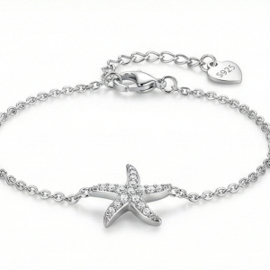 925 Sterling Silver Starfish Charm Bracelet for Women, Ocean Inspired Rhodium Plated Jewellery