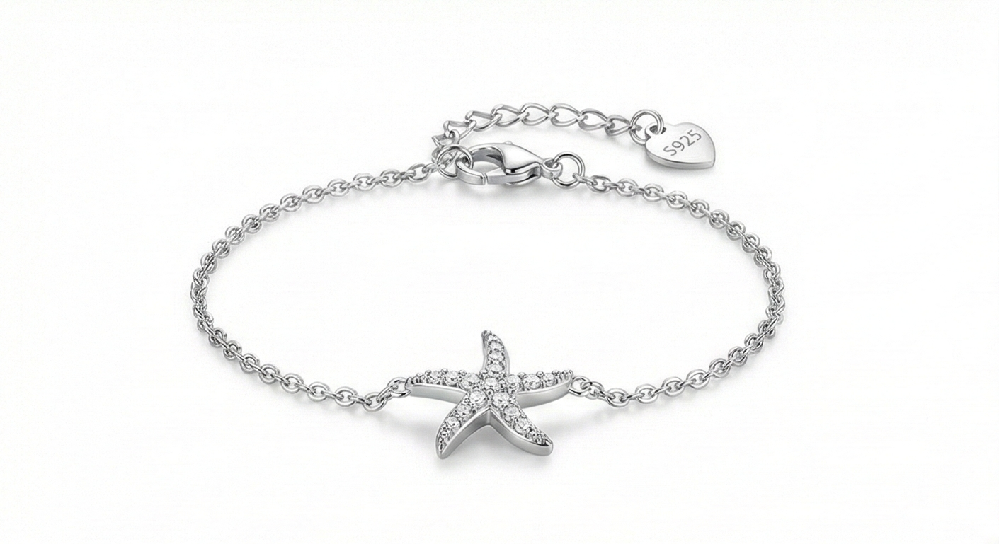 925 Sterling Silver Starfish Charm Bracelet for Women, Ocean Inspired Rhodium Plated Jewellery