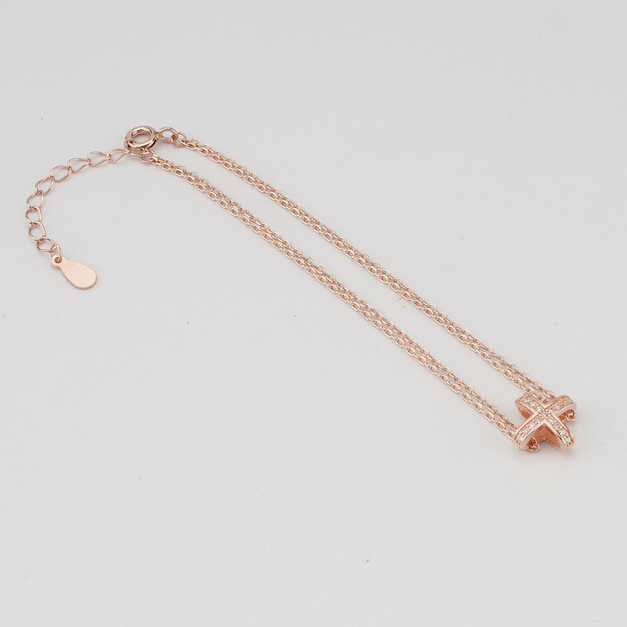 925 Sterling Silver Rose Gold Plated Cross Bracelet for Women, Double Chain Faith Jewellery