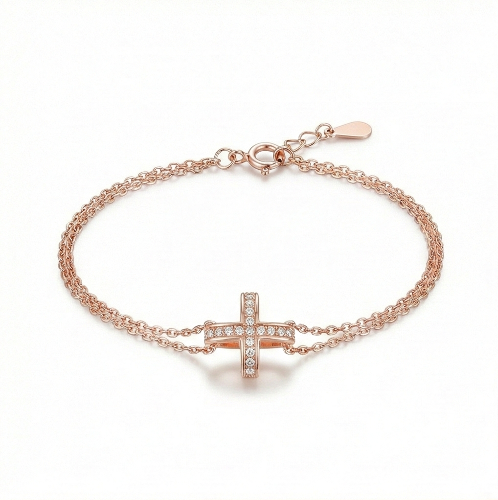 925 Sterling Silver Rose Gold Plated Cross Bracelet for Women, Double Chain Faith Jewellery