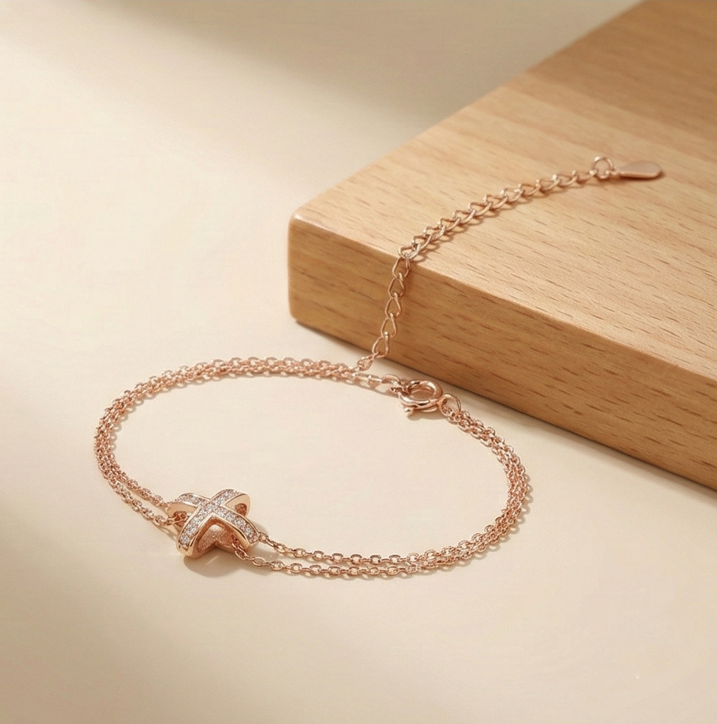 925 Sterling Silver Rose Gold Plated Cross Bracelet for Women, Double Chain Faith Jewellery