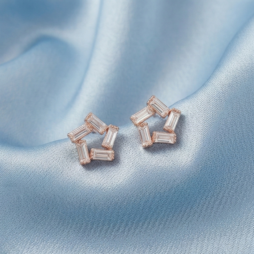 925 Sterling Silver Rose Gold Plated Baguette Star Stud Earrings Jewellery for Women