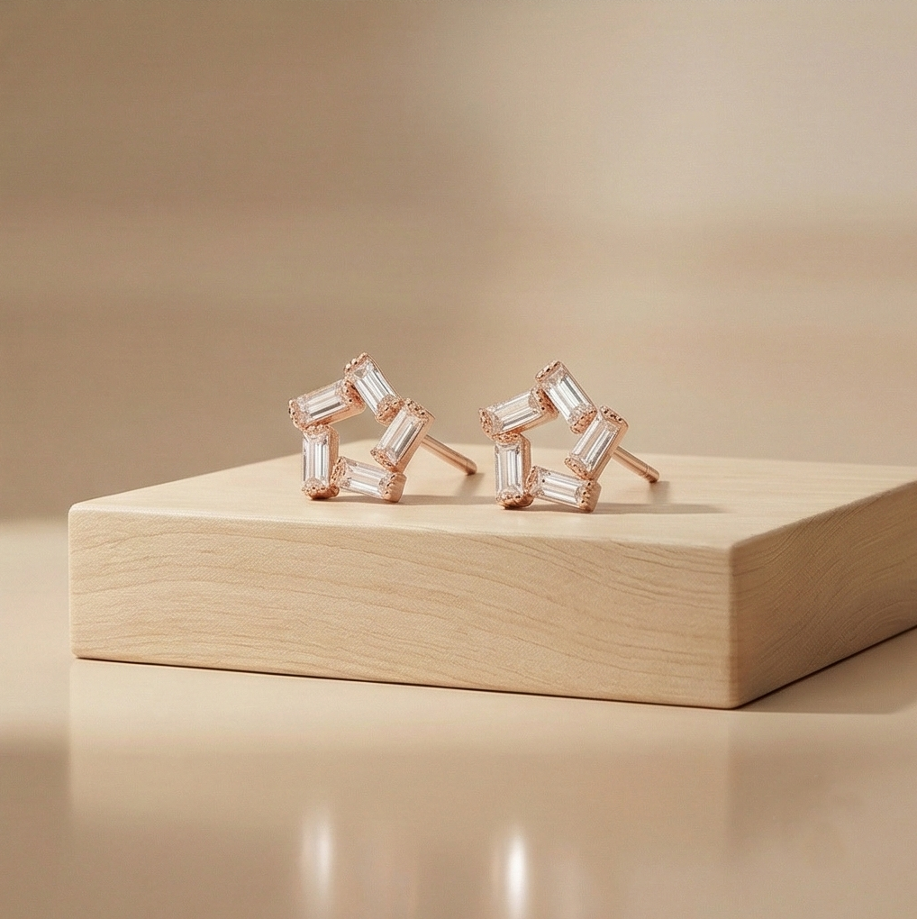 925 Sterling Silver Rose Gold Plated Baguette Star Stud Earrings Jewellery for Women