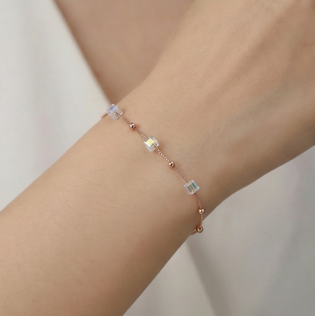 925 Sterling Silver Rose Gold Plated Iridescent Cube Station Bracelet Jewellery for Women