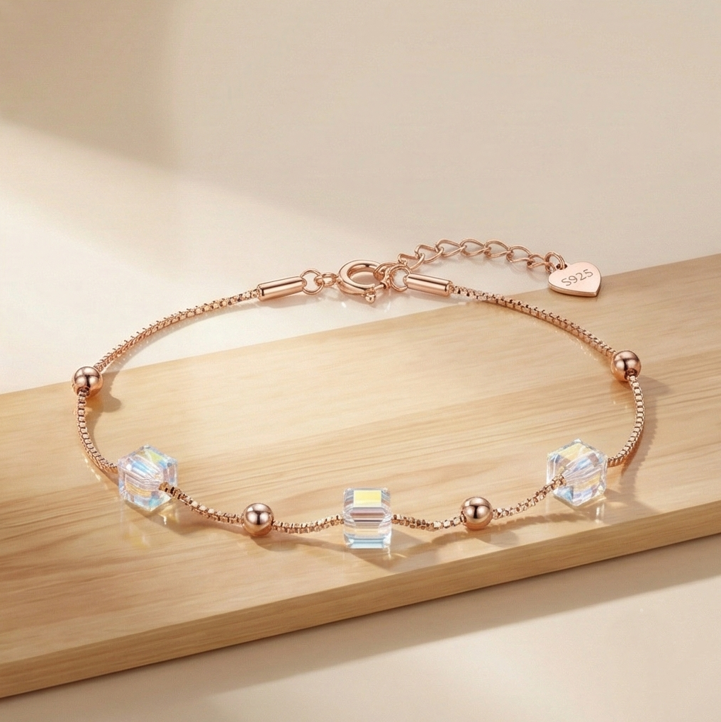 925 Sterling Silver Rose Gold Plated Iridescent Cube Station Bracelet Jewellery for Women